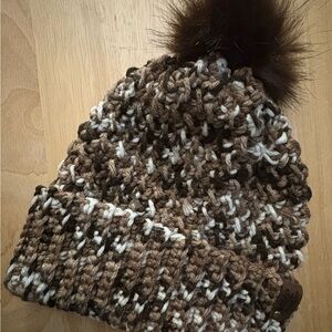 Cozy Brown and White Knit Pom-Pom Beanie
